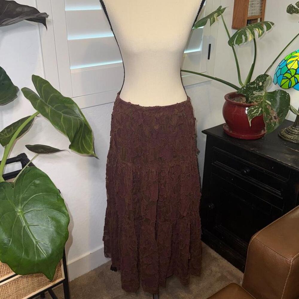 Vintage Y2K Lily Floral Appliqué Maxi Skirt Fairy Grunge Whimsigoth Brown Mauve